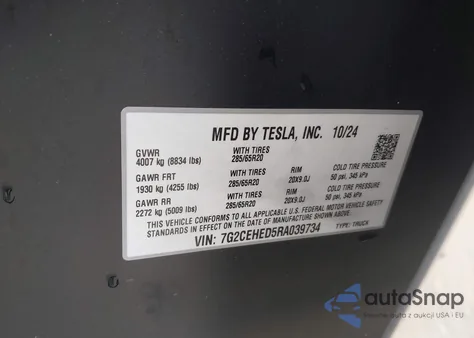 2024 Tesla Cybertruck All-Wheel Drive z USA, uszkodzony, nr VIN 7G2CEHED5RA039734